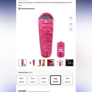 Wakeman Outdoors Cold Weather Mummy Sleeping Bag Rated to 25°F, Pink